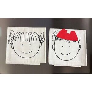Linen Napkins Kids Faces Cartoon Drawing Shel Silverstein Style Boy Girl Vtg